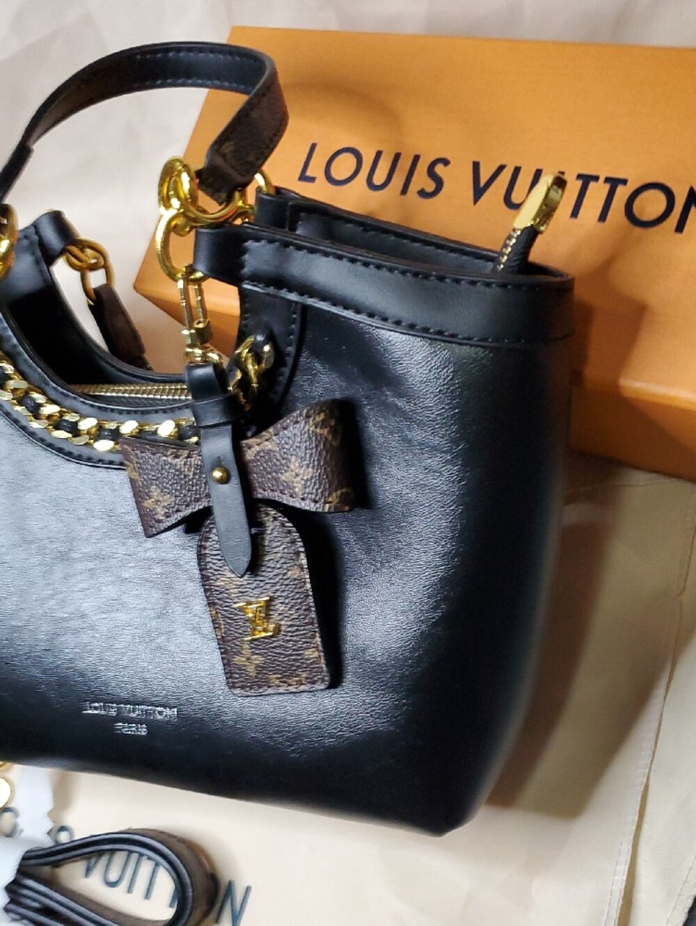 Black Lv Shoulder Bag with Brown Monogram Bow and Gold Hardware - Picture 5 of 14